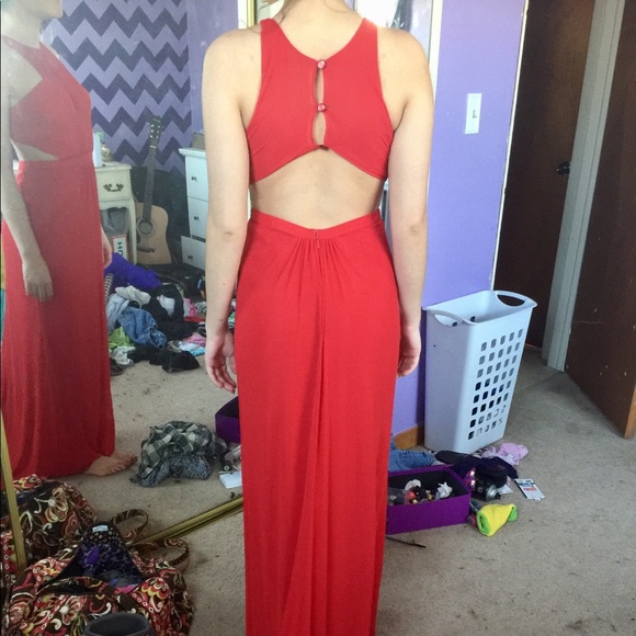 Red Jersey Open Back Prom Dress - Picture 4 of 5